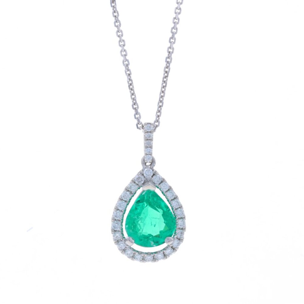 White Gold Emerald Diamond Halo Pendant Necklace 14k Pear 1.61ctw GIA Colombian